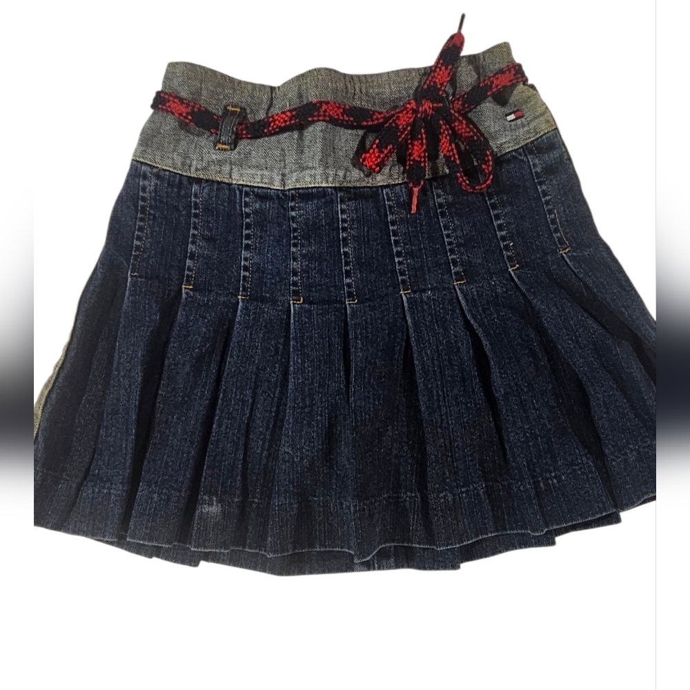 Tommy Hilfiger Blue Denim Skirt with Red Plaid Belt
